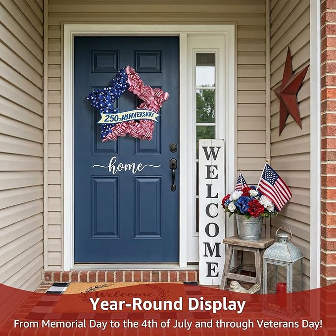 4th of July Wreath Patriotic Decorations for Front Door - 19 inch Memorial Day 250th Anniversary USA Fourth of July Burlap Star Wreath, Red White and Blue Hanging for Independence Day 2026 Decor