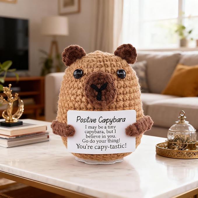 Emotional Support Capybara Positive Crochet Plush with Positive Messages for Adult Women Cute Pickle Office Decor Birthday Gifts for Best Friends (Capybara)