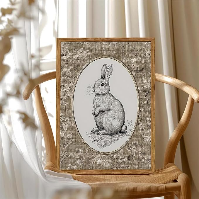 Framed Vintage Rabbit Wall Art, Cute Easter Bunny Pictures Wall Decor, Rustic Farmhouse Animal Paintings Canvas Prints Cottagecore Home Decor for Nursery Living Room Bedroom 16x24 inch