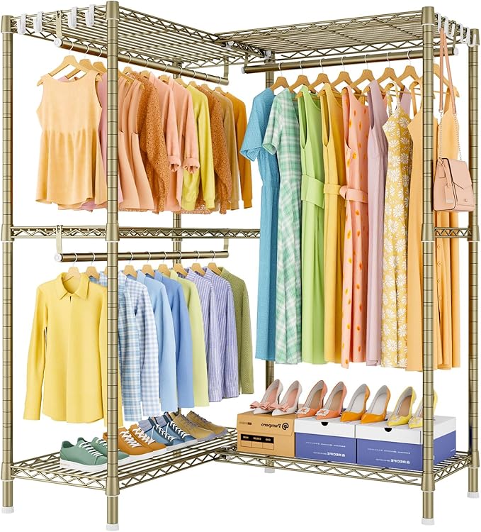 E15 Garment Rack L Shaped Clothes Rack for Corner，Freestanding Clothing Racks for Hanging Clothes，Heavy Duty Closet Organizer with 4 Hanging Rods & 8 S Hooks，43.4" W x 15.8" D x 78.4" H，Gold