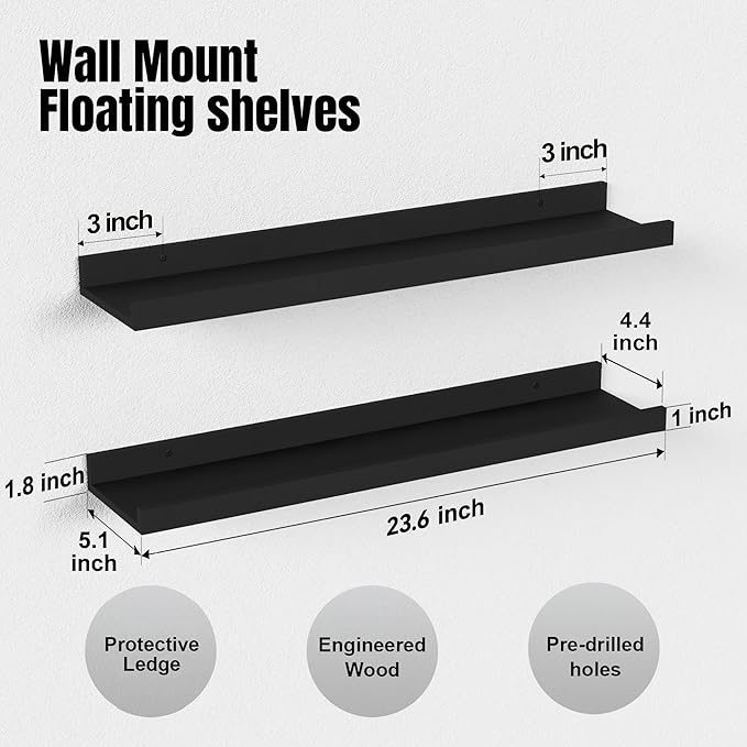 Boswillon Long Floating Shelves, 2 Set Modern Black Wall Shelf for Bedroom, Nursery Book Shelf with Lip, Picture Ledge Shelf for Living Room Bathroom Kitchen - Black,23.6 In