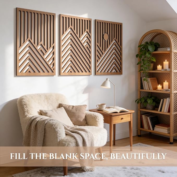 qmmp Modern Wooden Wall Sculptures - Set of 3 - MDF - Oak - Home Decor Accent - Large Wall Art for Living Room, Bedroom, Office - Easy Installation (Oak, XXLarge - Mountain and Sun, Unframed)