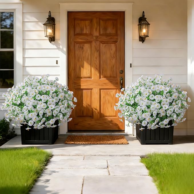 Ivydale 24 Bundles Artificial Flowers for Outdoors Spring Outside Decoration, Faux Silk Petunias White Fake Flowers Bluk Realistic UV Resistant Plants for Outdoor Planters Porch Patio Garden Yard Home