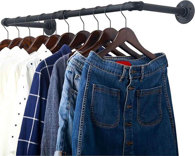 WEBI Clothing Rack Wall Mount,32" Industrial Pipe Clothes Rack for Hanging Clothes,Heavy Duty Iron Garment Rack Bar,Retail Display Clothes Rod for Closet,Laundry Room,Black