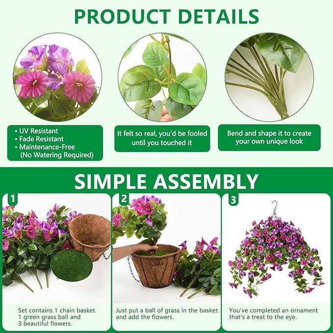 Homsunny Artificial Hanging Fake Flowers with Basket Plants for Outdoor Spring and Summer Decoration, Faux Silk Flower UV Resistant Morning Glory for Home Porch Patio Garden Balcony Yard Look Real