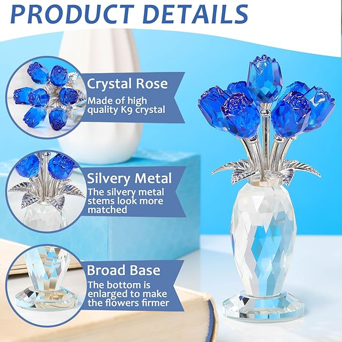 Movdyka Blue Rose Crystal Flower Figurine with Vase Glass Rose Gifts for Women Wife Girlfriend Mom Collectible Home Table Decor for Mother's Day Birthday Wedding Anniversary