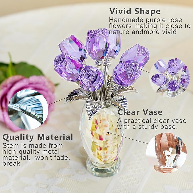H&D HYALINE & DORA Crystal Rose Purple Flower Figurine,Rose Gifts for Mom Wife Grandma,Glass Flower Collectible Ornament Mother's Day Thanksgiving Anniversary Birthday Gifts