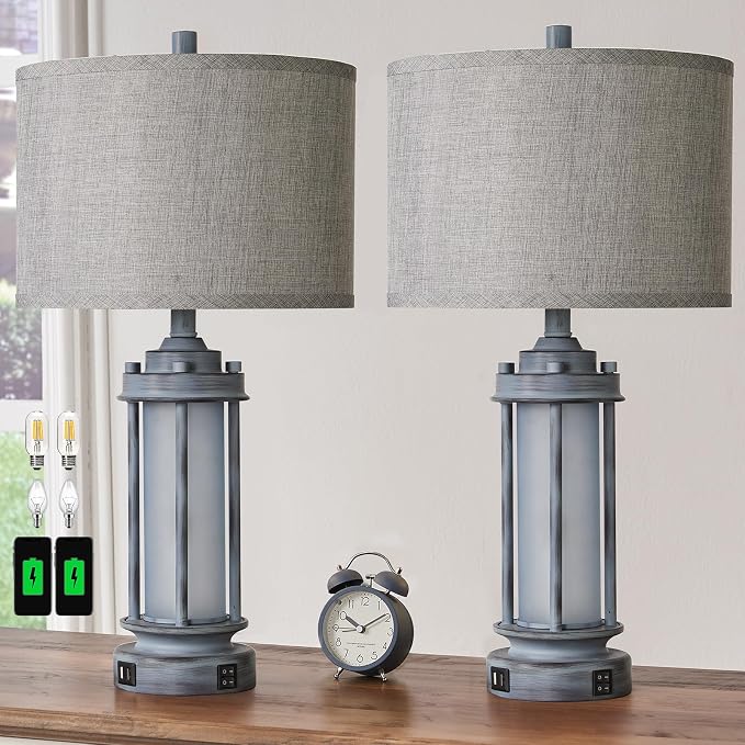 AIEAMPDO Set of 2 Rustic Table Lamps for Living Room, Farmhouse Vintage Nightstand Lamp with 2 USB Ports, Antique Retro Light Green Glass Night Light for Bedroom Entryway, 4 Bulbs Included