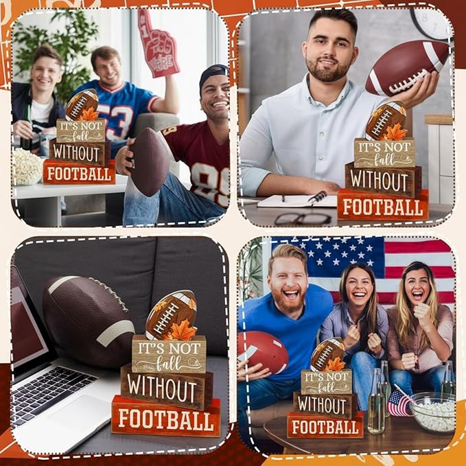 Yuntau 4 Pcs Football Fall Table Decorations Football Tiered Tray Decor Rustic Autumn Wooden Blocks Sign It's Not Fall Without Centerpiece Decorative Faux Book Sign for Room Coffee Table Mantel Shelf
