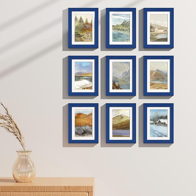 Vittanly 5x7 Picture Frames Set of 9, Shatter Resistant Plexiglass, Display 4x6 Pictures with Mat or 5x7 without Mat, Photo Frames for Wall or Tabletop, Engineered Wood, Blue