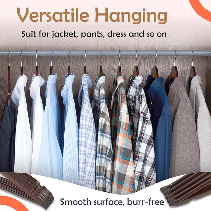 ELONG HOME Solid Wooden Hangers 30 Pack, Wood Suit Hangers with Extra Smooth Finish, Precisely Cut Notches & Chrome Swivel Hook, Wooden Clothes Hangers for Shirt Coat Jacket Dress