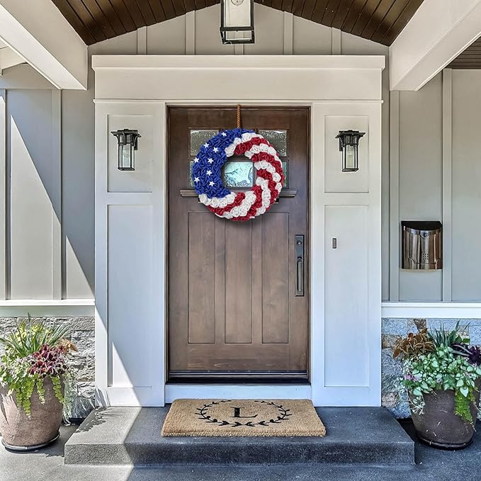 Idyllic 20 Inch Patriotic Wreath for Front Door, 4th of July Wreath with Red White Blue Silk Roses & Metal Stars, Memorial Day Day Decorations for Home Wall Porch Window