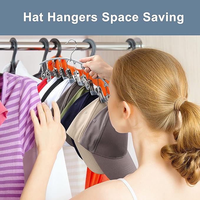 Hat Hangers for Closet, Metal Hat Organizer for Baseball Caps 2 Pack Door Hat Racks for Baseball Caps w/ 10 Large Clips, Baseball Cap Hangers for Closet Storage, Fits All Caps