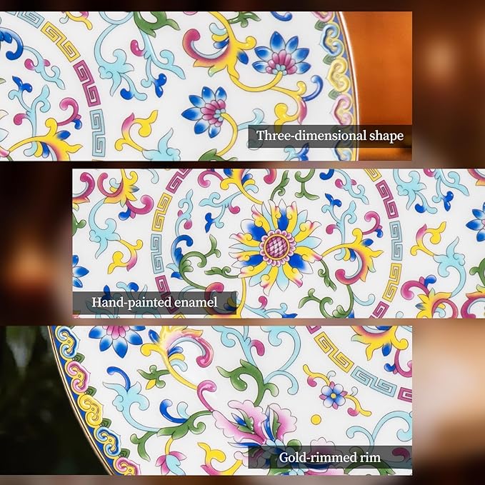 KAMMAK Decorative Plates Set for Display, White Ceramic Plate Decor with Stand, Handmade Vintage Porcelain Ornament for Table, Living Room, Kitchen, Office, Perfect Chinese Style Dish Gift (8in+10in)