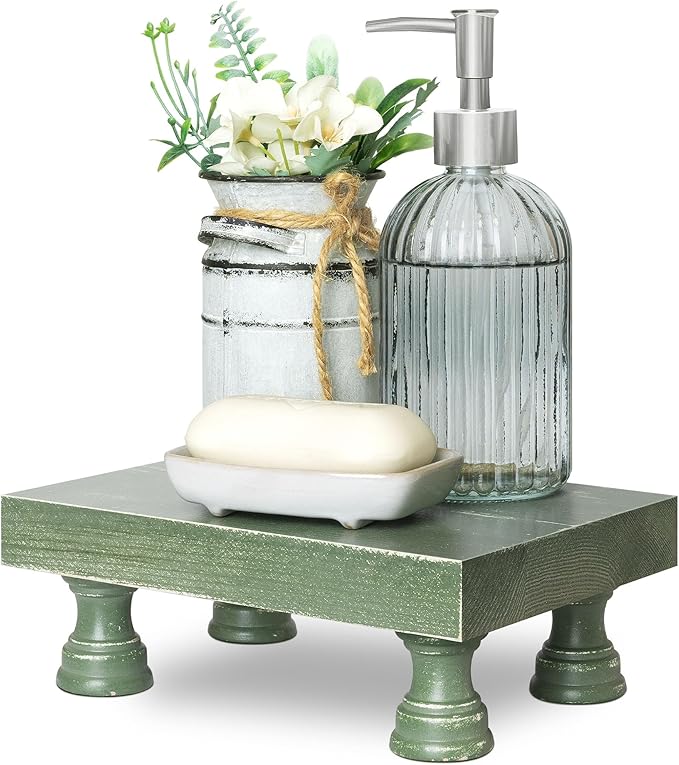 EOSAHR Pine Wood Riser Display Stand for Coffee Table – Stylish Pedestal Stand to Showcase Your Bathroom Accessories – Farmhouse Home Decor for Displaying Plant, Cupcakes and Soap Dish (Green)