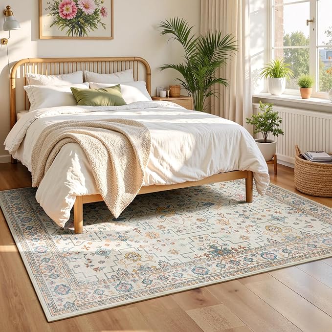 Lessymo Living Room Rug 5x7, Washable Area Rug for Bedroom Dinning Nursery Room Office, Boho Faux Wool Soft Non-Slip Carpet Pets Friendly, Vintage Floral Colorful Pastel Decor, Multi/Ivory