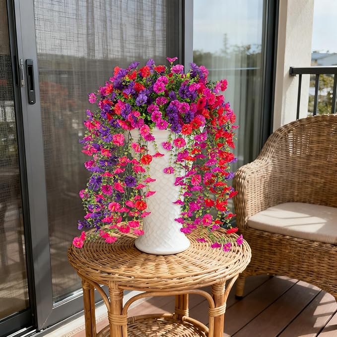 Artificial Hanging Flowers for Outdoor, 8 PCS Silk Morning Glory Faux Flowers with Eucalyptus Leaves,Realistic Hanging Plants for Wedding Home Office Garden Decor