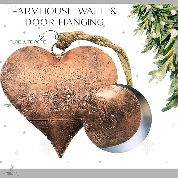 Rustic Heart Hanging Bell Vintage Metal Ornament. Farmhouse Wall & Door Hanging Decoration for Christmas, Weddings & Home Décor