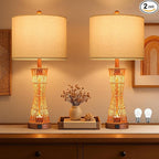 OYEARS 27" Table Lamps Set of 2 with Rattan & Dual Lights, Boho Lamps for Nightstands, Bedside Lamps for Bedroom, Nightstand Lamp for Living Room, Farmhouse Table Lamp for Office & Study