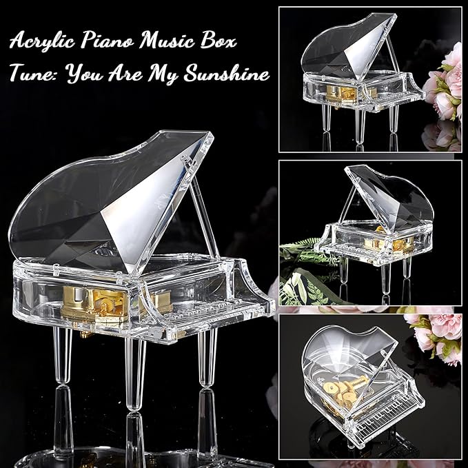 ELLDOO Piano Music Box, Mechanical Clockwork Decorative Piano Musical Box,Transparent Acrylic Piano Ornament Romantic Gift for Girl Women (Tune: You are My Sunshine)