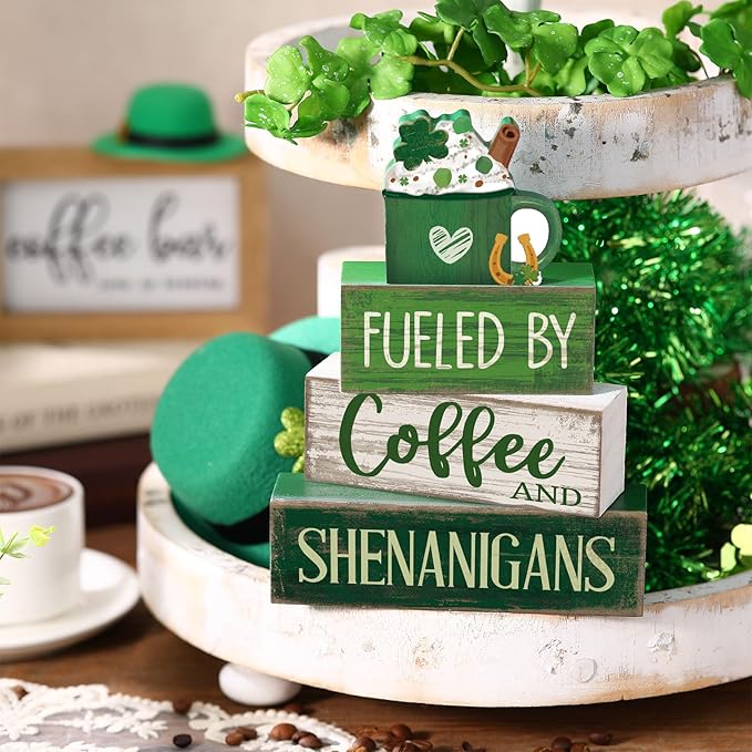 Moucuny 4 Pcs St Patricks Day Table Decoration Wooden Green Ice Cream Cup St. Patrick's Day Tiered Tray Decor Irish Centerpiece Green and White Happy St Patricks Coffee Bar Decor for Home Kitchen