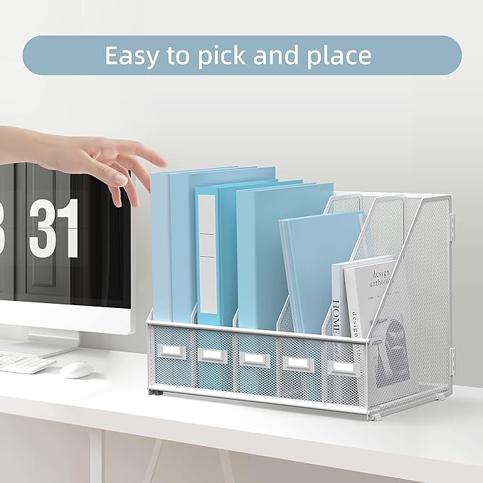SUPEASY Desk Organizers Metal Desk Magazine File Holder with 5 Vertical Compartments Rack File Organizer for Office Desktop, Home Workspace, White (Pack of 2)