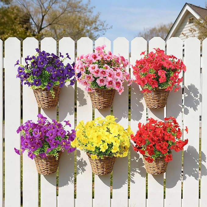 INQCMY Artificial Fake Petunias Flowers for Outdoors Spring Decoration, 12 Bundles Faux Plants UV Resistant Realistic Silk Flower for Outside Planters Patio Porch Yard Window Box (6 Mix Colors)
