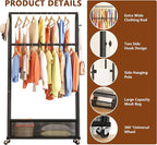 MOYIPIN Double Rods Clothing Rack with Wheels,Clothing Organizer for Hanging Clothes Coat Scarves Bags,Multi-functional Bedroom Garment Rack,4 Hooks,Black