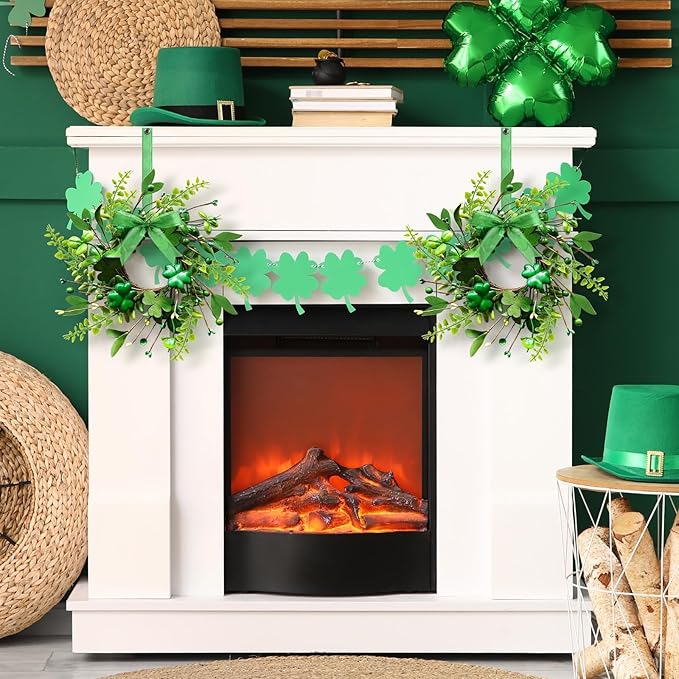 6 PCS Mini St. Patrick's Day Glitter Shamrocks Wreath for Front Door St. Patrick's Day Kitchen Cabinet Wreaths Decorations with Ribbon Small Lucky Green Irish Clover Berry Wreath for Porch Wall Window
