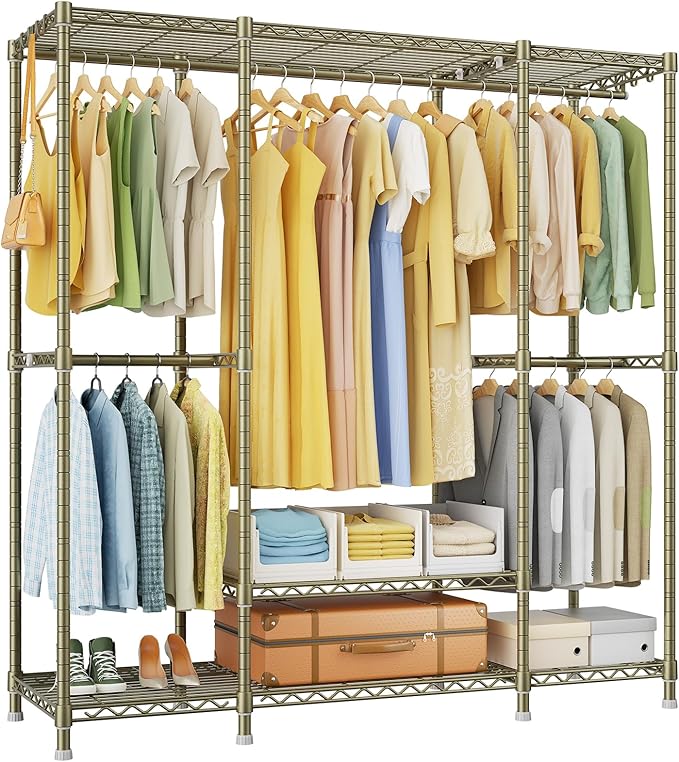Ulif E3 Heavy Duty Garment Rack, 4 Tiers Freestanding Closet Organizer System with 5 Shelves, Metal Closet Organizer and Storage System for Clothes, Max Load 850lbs, 58.4" W x 15.7" D x 77.3" H, Gold