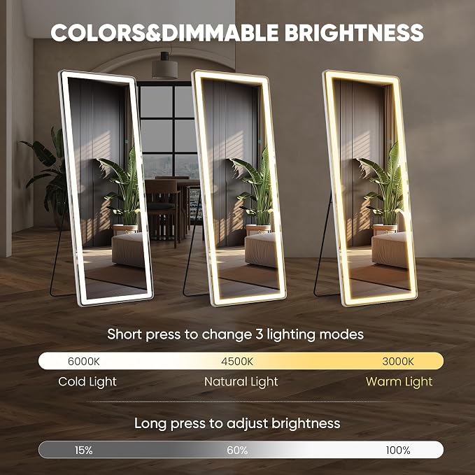 DUMOS LED Full Length Mirror, 26"x70" Full Body Floor Standing Mirror with 3 Color Lights & Wall Mounted for Bedroom, Dressing Room, Living Room, Bathroom