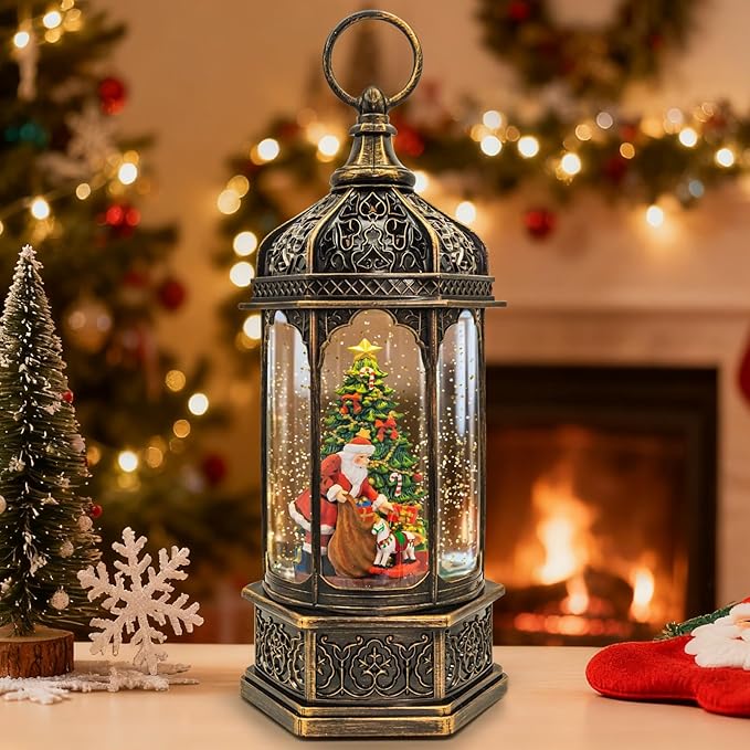 Christmas Snow Globes Lantern, Santa Claus & Gift Piles Christmas Decorations Indoor, 6H Timer Battery & USB Powered Light Up Musical Snow Globes for Kids Women Adults Gift Thanksgiving Home Decor