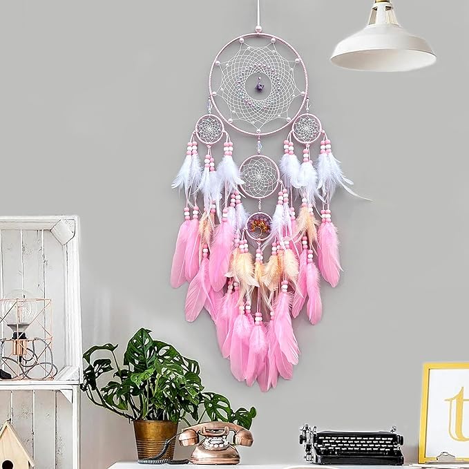 Large Dream Catchers, Boho Handmade Native Macrame Dream Catchers Wall Hanging for Bedroom Living Room Wedding Party Decor, Festival Blessing Craft Gift for Kids Boys Girls (Pink & White)