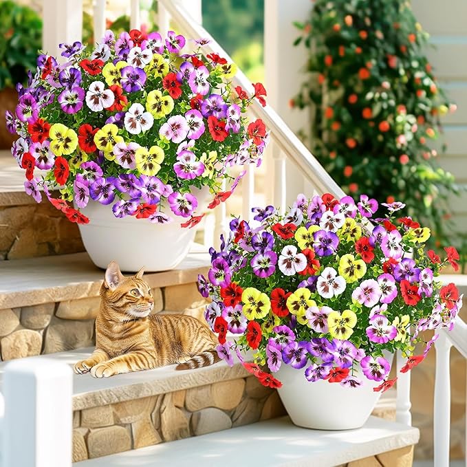 MARTINE MALL 18 Bundles Artificial Flowers for Outdoors, Fake Outdoor Flowers, Fake Pansy Faux Plants Outdoor UV Resistant Silk Pansy Flowers for Planters Indoor Porch Decor (Mix Colors)