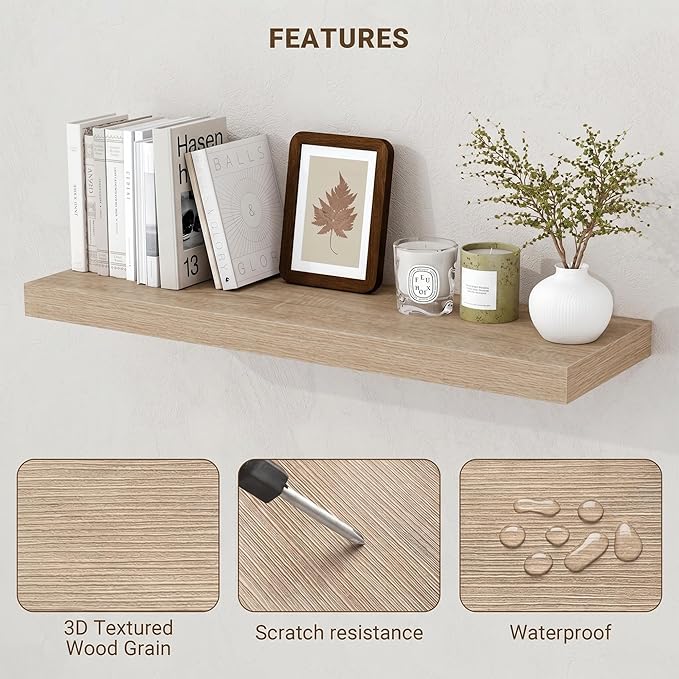 Acovy 40 Inch Floating Shelves, 3D Textured Wood Grain, 40"x9.25"x1.5" Inch Deep Floating Shelves for Wall, Wooden Shelves for Bathroom, Bedroom, Living Room, Vintage White Oak, 1 Piece