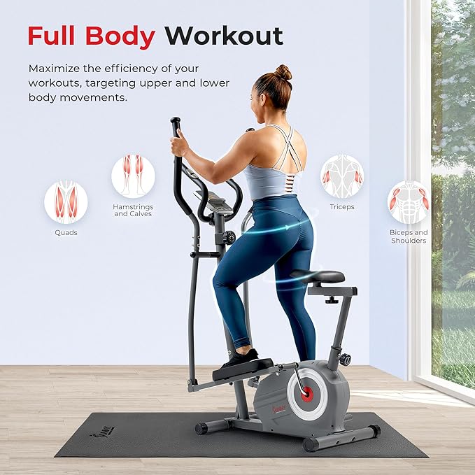 Sunny Health & Fitness Elliptical and Bike Exercise Machine, Ultra Silent Adjustable Resistance Levels Cross Trainer for Home Gym with Pulse Rate Grips, LCD Monitor via Bluetooth SunnyFit App Access