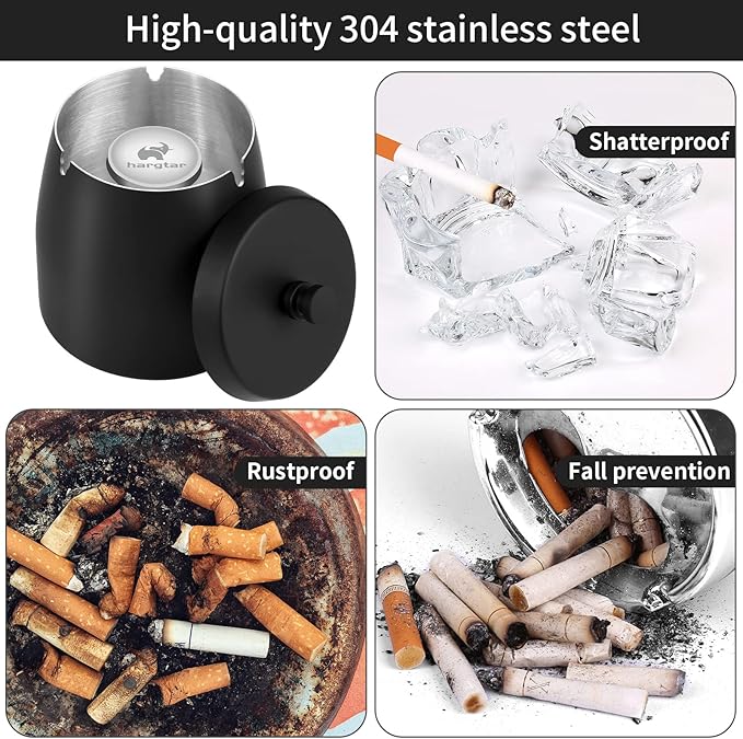 Large Ashtrays for Cigarettes Outdoor Ashtray with Lid, Outdoor Ashtrays for Cigarettes Patio, Metal Ash Tray Sets Windproof Outside Covers Iron Odorless Stainless Steel, Black Ashtray, Large