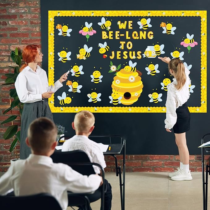 HIQINLUG Bee Bulletin Board Decorations Set, Summer Bee Jesus Religious Bulletin Board Decorations Christian Cutout for Classroom Back to School Library Home Window Wall Birthday Decor