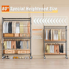 Homdox 3 Tier Heavy Duty Garment Rack with Wheels, Adjustable Wire Clothes Rack with Double Hanging Rods, Portable Closets for Hanging Clothes with Side Hooks, Black