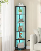 Hzuaneri Corner Shelf with LED Light, 6-Tier Corner Bookshelf, Tall Narrow Display Bookcase with Metal Frame, Standing Shelf for Small Space, Living Room, Home Office, Bedroom, Black CS66606B