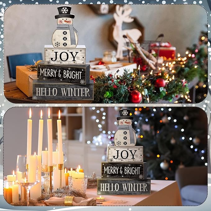 Lineshading 4 Pcs Snowman Christmas Table Decorations Black and White Wooden Snowman Stacked Block Sign Gifts Winter Tiered Tray Decor Rustic Winter Tabletop Centerpiece Farmhouse for Home Kitchen