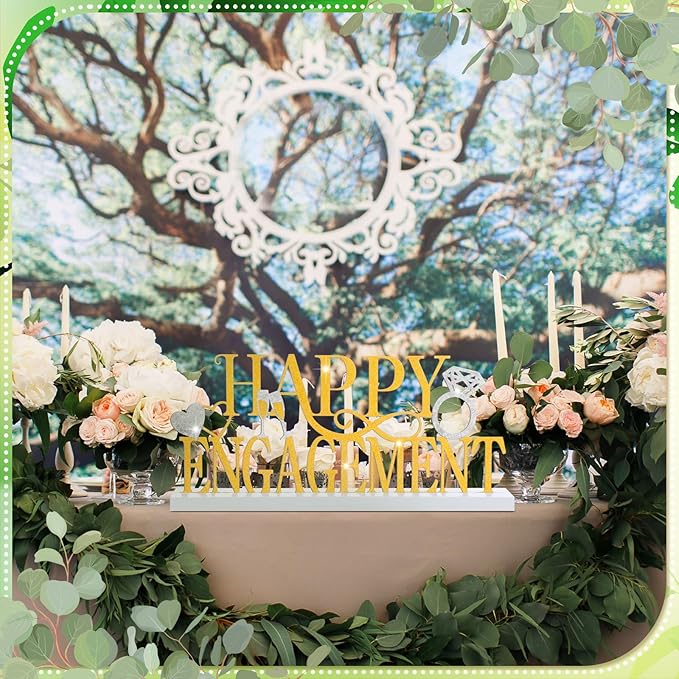 Teenyyou Happy Engagement Sign Gold Engagement Table Decor Metal Centerpiece with Wooden Base Home Desk Decor Tabletop Ornament Elegant Blessing Gift for Bride and Groom Wedding Shower Ceremony Party