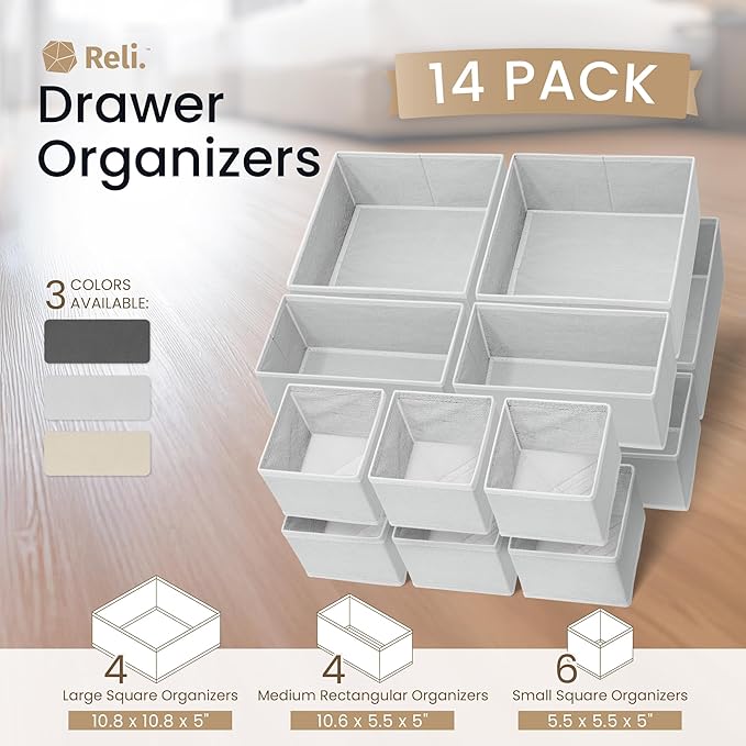 Reli. Dresser Organizer (14 Pack) | Drawer Organizer Clothes | Nursery Organization & Baby Clothes Organization for Drawer | Foldable Fabric Dresser Dividers for Bra, Nursery, Underwear, Socks (White)