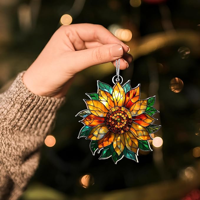 2025 Christmas Ornaments, Christmas Tree Ornaments Acrylic, Faux Stained Glass Effect White Elephant Gifts Exchange, Unique Suncatcher Xmas Stocking Stuffers for Women, Men (Sunflower)