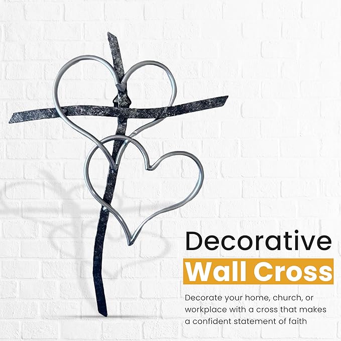 Taprion Silver Heart Cross Wall Art - Religious Wall Decor for Living Room, Bedroom & Wedding - 10 Inch