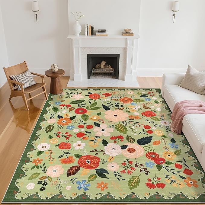 U'Artlines 8x10ft Vintage Floral Area Rug Machine Washable Ultra Soft Low Pile Non Slip Non Shedding Accent Floor Carpet for Living Room, Bedroom, Dining Room, Office (Green)