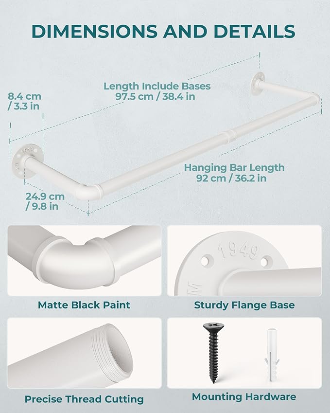OROPY Industrial Pipe Clothes Rack Wall Mounted Set of 2, 38.4 inches Heavy Duty Iron Pipe Clothing Garment Rail, Multi-Purpose Clothing Hanging Rod for Laundry Room and Closet Storage, White