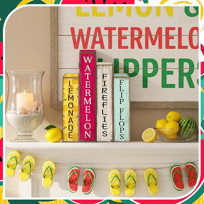 Lineshading 4 Pcs Summer Table Decoration Wooden Book Lemon Watermelon Wooden Sign Yellow and Red Summer Tiered Tray Decor Wood Book Sign Farmhouse for Home Shelf Coffee Table