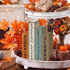 Lineshading 4 Pcs Fall Decoration Wooden Book Autumn Table Decoration Pumpkin Falling Leaves Acorns Tiered Tray Decor Wood Book Sign Farmhouse for Autumn Home Shelf Coffee Table
