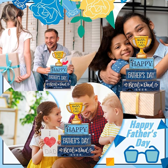 Yuntau 4 Pcs Father's Day Decorations Happy Father's Wooden Tabletop Tiered Tray Decor Rustic Best Dad Ever Trophy Block Table Sign Centerpiece for Farmhouse Shelf Office Birthday Party Gift